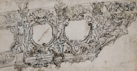 Design for the Prow of the Gallery of Pope Urban VIII with the Barberini Arms of Bees and Sun, Ignudi, Tritons, Hippocamps, Putti and an Allegory of Victory as the Figurehead Below the Letters VRBA In