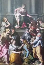 Madonna Enthroned with Child, Surrounded by Saints and Figures
