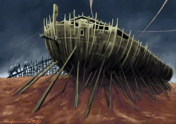 A couple of elephants ride aboard Noah