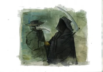 A plague doctor wearing a beak-like mask in front of Death holding her scythe