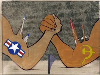 Allegorical representation of the cold war as an arm wrestling between armed forces of America and Soviet union