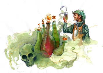 Alchemist in His Laboratory Surrounded by Vials and Stills