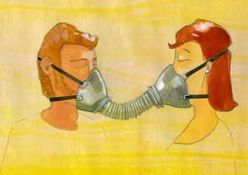 Pollution: A Couple Sharing the Same Gas Mask