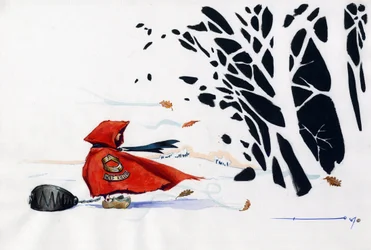 Fable of the Little Red Riding Hood by Charles Perrault: the Red Riding Hood entering the forest with a wolf trap