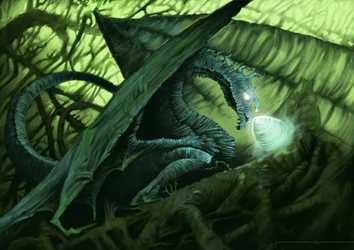 Fantastic creature: a dragon protecting its egg