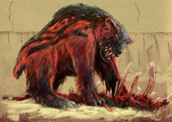 Fantastic monsters and creatures, cryptozoology: the Nandi bear, inhabiting the savannas of Tanzania and Kenya (kerit, chimit, kikambungure, duba and sabroukoo) - (Nandi Bear, also known as Ngoloko) Drawing by Alessandro Lonati, 2012