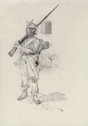 First Empire: soldier of the Napoleonic army, infantryman soldier of a brigade of riders in a fort