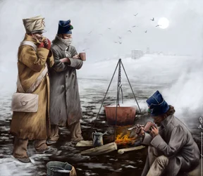 First Empire: Light infantry soldiers heating themselves around a fire, or boiling the pot during a campaign of Napoleon I (probably in Russia) Early 19th century