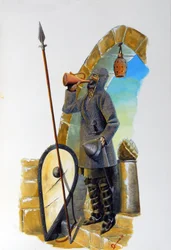 First crusade: a knight at rest, equipped with his coat of mail, drinking from a carafe, with his shield and spear nearby