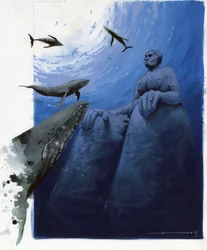 Illustration of the myth of Atlantis: whales in the depths of the sea around the ruins of the legendary island