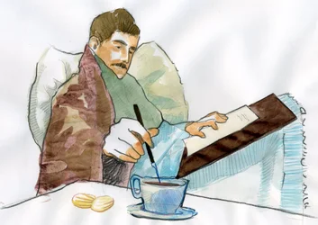 Marcel Proust as a sick man writing with the tea of his aunt Elisabeth