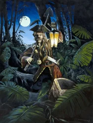 Pirate of the Caribbean with lantern, in the night, hiding his treasure in the forest of an island
