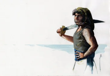 Portrait of a pirate or sailor with a sword looking at the sea