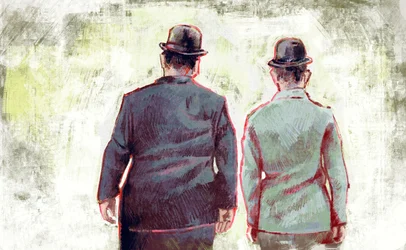 Stan Laurel and Oliver Hardy Marching Towards the Horizon (illustration)