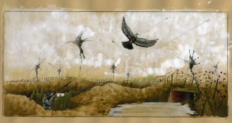 WWI: a German soldier shooting at a homing pigeon carrying a message