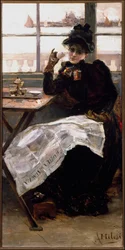 A Woman in Black, Reading the Newspaper, Sipping a Cup of Coffee in a Bistro