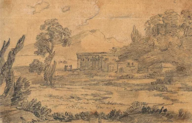 Buildings by a River with Hills in Background