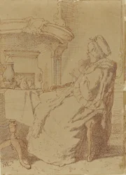 Seated, Knitting Old Woman at a Table