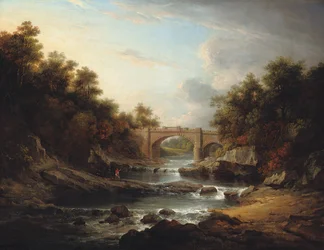 View on the River Almond, near Edinburgh, with Almondell Bridge and a fisherman