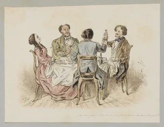Four Figures Toasting at a Table