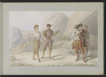Four Men with Swords in a Rocky Landscape