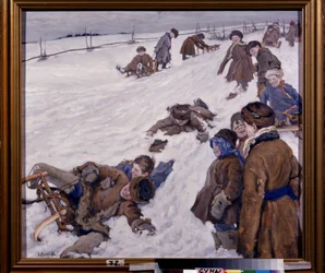 Winter Sports. Sledding scene in a snowy field, warmly dressed children having fun and laughing. Painting by Alexander Viktorovich Moravov