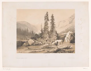 Mountain Landscape with Firs and Mountain Goats