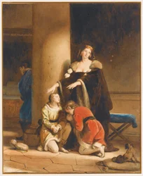 Elisabeth Woodville, Queen of England, Bidding Farewell to her Sons, Edward V and Richard, Duke of York, with a Mourning Man behind a Column