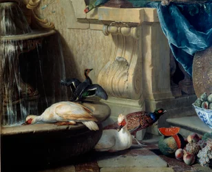 Ducks, Pheasant, Fruit Near a Fountain (detail)