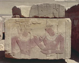 Painted relief of Hatshepsut as pharaoh and god Amon