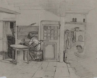 A Farmhouse Interior with a Boy at a Table