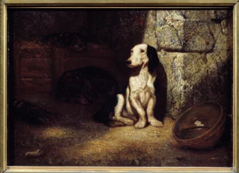 Black and white basset hound at the kennel. At the side, a bowl filled with water. 1849. Sun. 0.25 x 0.35 m