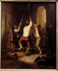 The ringtones. Men pull the rope to ring the bells. Painting by Alexandre Gabriel Decamps (1803-1860)
