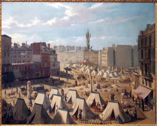 Troop Camp, on the Boulevard du Temple in Paris, During the Days of June 1848. Painting by Josquin (?), Oil on Canvas, French Art