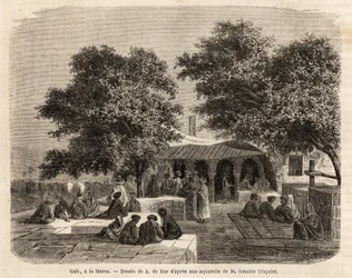 View of a cafe in La Marsa (Tunis), drawing by A.de Bar, to illustrate a trip to Tunis, in 1859, by Amable Crapelet. Engraving in “Le tour du monde”, edited by Edouard Charton