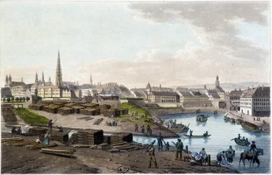 View of Vienna from the coast of Leopold-Stadt (works on the dock) - in “Picturesque trip to Austria by Count Alexandre de Laborde”, Paris, ed. Elder Didot