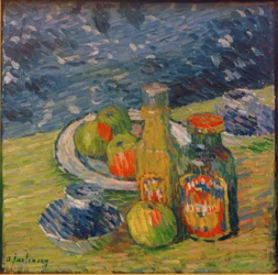Still Life with Bottles, Fruit Bowl, and Cup