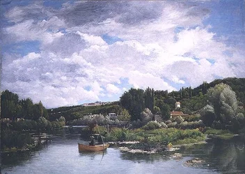 Lake scene with fishermen and cottages behind