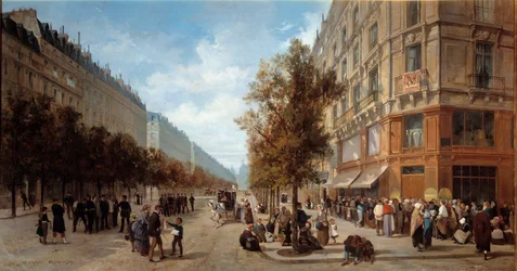 Siege of Paris: "Queue at the door of a grocery store (Félix Potin) at the corner of Rue Réaumur and Boulevard de Sébastopol in November 1870". Painting by Alfred Decaen (1820-1893), 1870. Dimensions 1 x 0.7 m. Paris, Musée Carnavalet