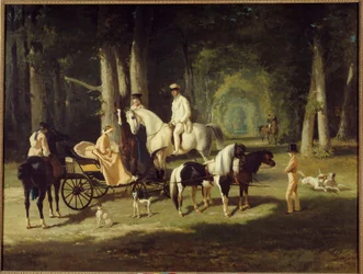 Mr. and Mrs. A. Mosselman and Their Two Daughters Walk Through the Woods on Horseback