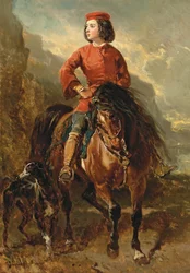 Young Rider on a Shetland, with a Greyhound