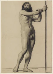 Academic Figure Study: Male Nude Holding a Staff