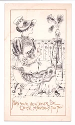 Victorian New Year Card of an Aesthetic Admiring a Vase of Peacock Feathers, c.1881