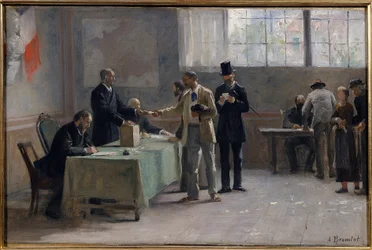 Universal suffrage: A polling station in 1889. Sketch by Alfred Bramtot (1852-1894), 1889
