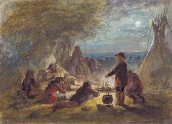 Camp Fire at Night; Trapper Relating an Adventure