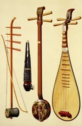 A huqin and bow, a sheng, a sanxian and a pipa, Chinese instruments from “Musical Instruments”