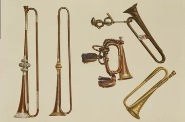 Cavalry Trumpet, a Bugle, a Gilt Trumpet Made by John Harris, a Trumpet and a Silver-Mounted Trumpet by William Ball