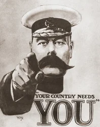 The 1914 British wartime recruitment poster depicting Lord Kitchener with the words "Your Country Needs You". From The Story of Seventy Momentous Years, published by Odhams Press 1937.