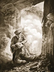 Acting-Sergeant Raynes putting his smoke-helmet on Sergeant Ayres following the explosion of a gas-shell