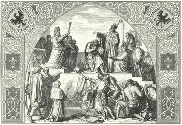 The baptism of the Saxon chieftain Widukind, 785 (engraving)